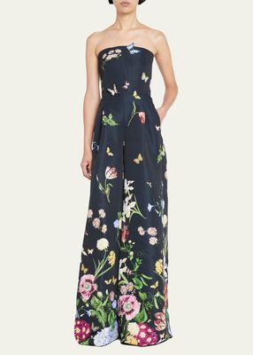 Floral-Embroidered Strapless Faille Jumpsuit
