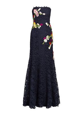 Floral Embroidered Strapless Lace Gown