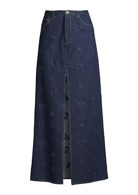 Floral-Embroidered Stretch Denim Maxi Skirt