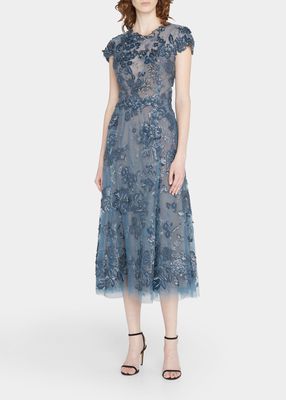 Floral-Embroidered Tulle Midi Gown
