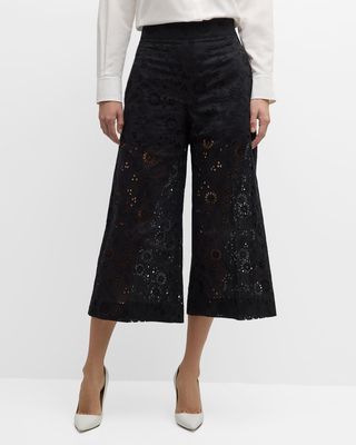 Floral Eyelet Embroidered Wide-Leg Crop Pull-On Pants