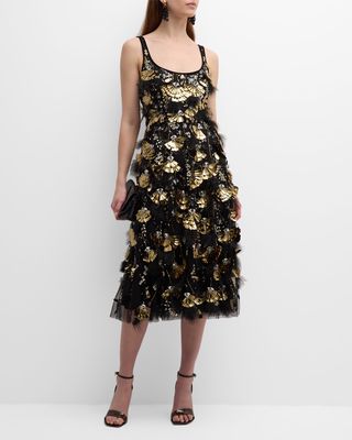 Floral Faux Feather Beaded Strapless A-Line Midi Dress