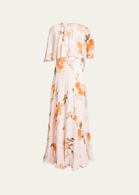 Floral Floor-Length Gown with Cape Overlay