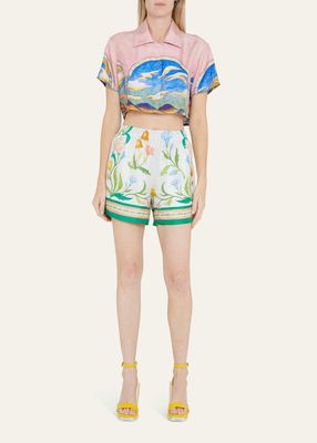 Floral Foulard-Print Silk Pull-On Shorts