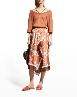 Floral Foulard Silk Midi Sarong Skirt