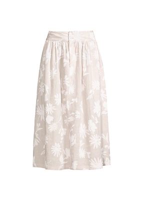 Floral Gathered Linen Midi-Skirt