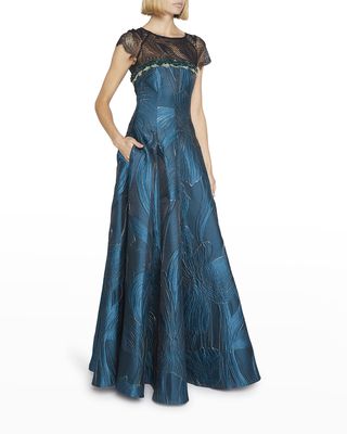 Floral Iridescent Jacquard Lace-Inset Gown
