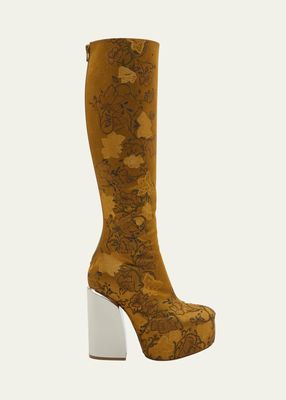 Floral Jacquard Block-Heel Knee Boots