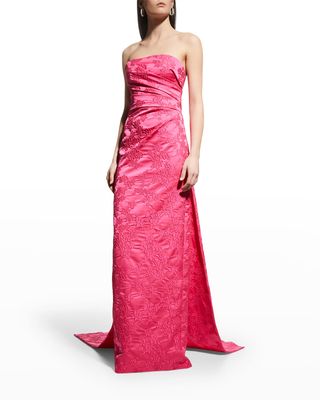 Floral Jacquard Draped Train Strapless Gown
