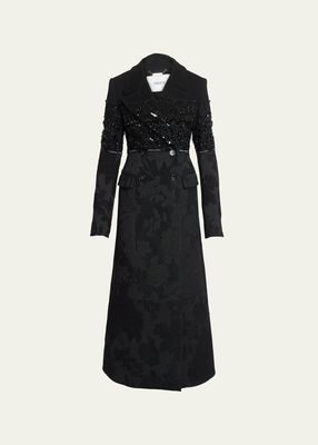 Floral Jacquard Embellished Long Double-Breasted Coat