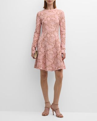 Floral Jacquard Long-Sleeve Fit-&-Flare Dress