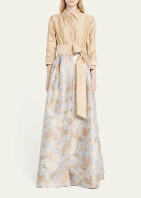 Floral Jacquard Waist Taffeta Shirtdress Gown