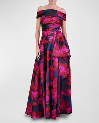 Floral Jaquard Draped Bow Off-The-Shoulder Ball Gown