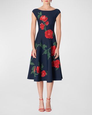 Floral Knit Bateau-Neck Fit-&-Flare Midi Dress