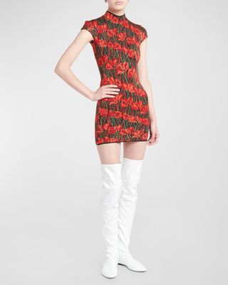 Floral Knit Mock-Neck Cap-Sleeve Mini Dress