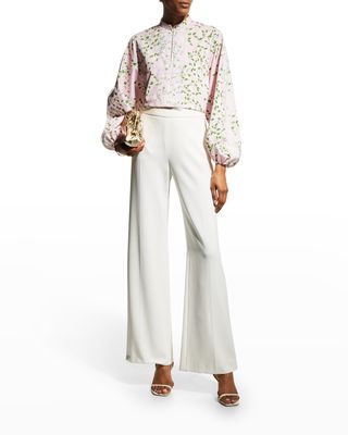 Floral Lace-Trim Blouson-Sleeve Tunic Blouse