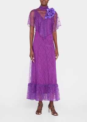Floral Lace Turtleneck Ruffle-Trim Maxi Dress with Flower