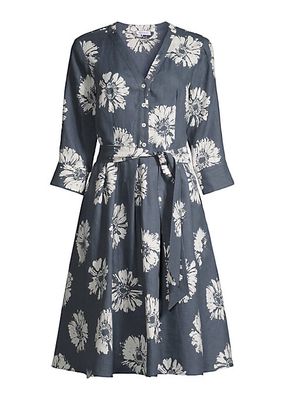 Floral Linen Belted Midi-Dress