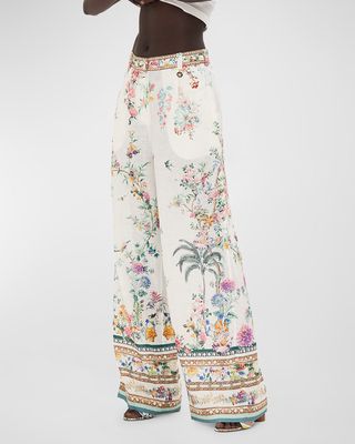 Floral Linen Wide-Leg Pants