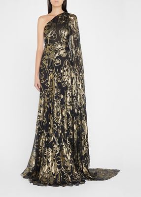 Floral Metallic One-Shoulder Gown
