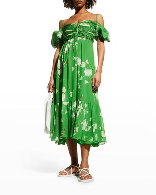 Floral Off-The-Shoulder Puff-Sleeve Chiffon Midi Dress