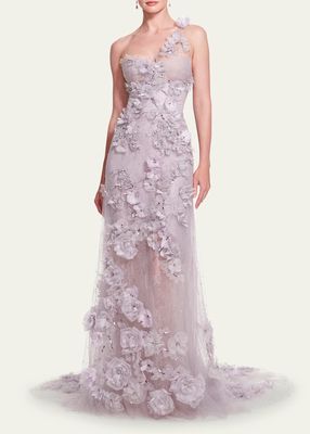 Floral Organza One-Shoulder Illusion Tulle Gown