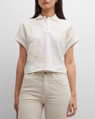 Floral Paillette Embroidered Cap-Sleeve Pique Polo Shirt