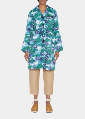Floral Painting-Print Belted Duster Coat