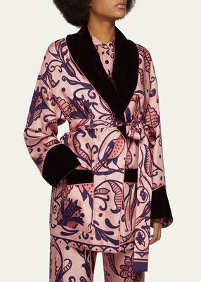Floral Paisley Belted Wrap Jacket with Velvet Collar