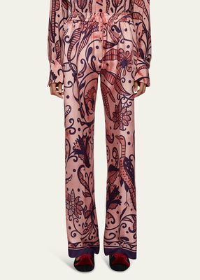 Floral Paisley-Print Drawstring Silk Pants