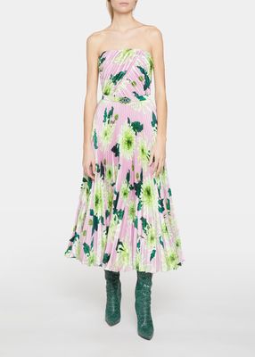 Floral Plisse Strapless Silk Midi Dress