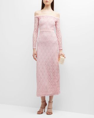 Floral Pointelle Knit Off-The-Shoulder Midi Dress