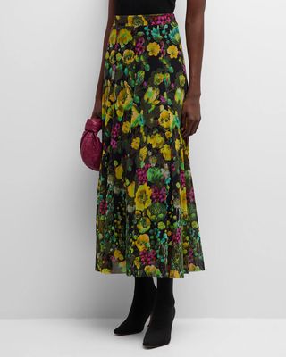 Floral-Print A-Line Tulle Maxi Skirt