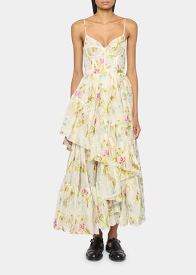 Floral Print Asymmetric Ruffle Gown w/ Corset Bodice
