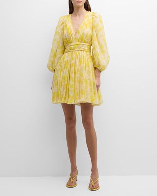 Floral-Print Balloon-Sleeve Silk Georgette Mini Dress