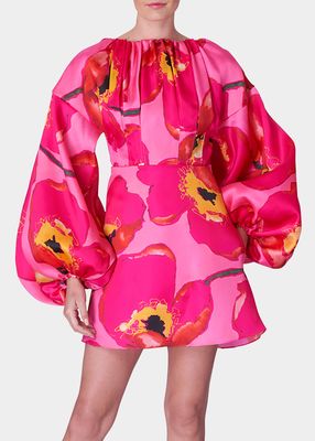Floral-Print Balloon-Sleeve Silk Mini Dress