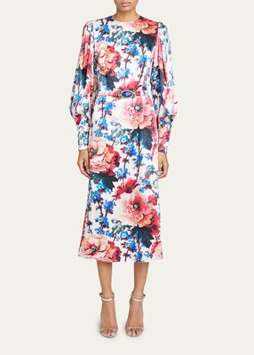 Floral-Print Belted Puff-Sleeve Silk Midi Dress