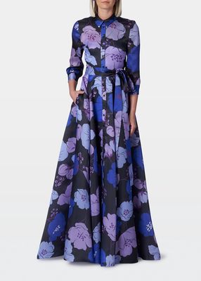 Floral-Print Belted Silk Shirt Gown