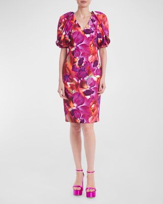 Floral-Print Blouson-Sleeve Bodycon Midi Dress