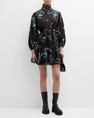 Floral-Print Blouson-Sleeve Flounce Mini Dress