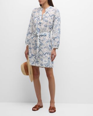 Floral-Print Blouson-Sleeve Linen Mini Dress