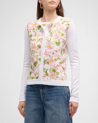 Floral-Print Botanical Lace-Inset Knit Cardigan