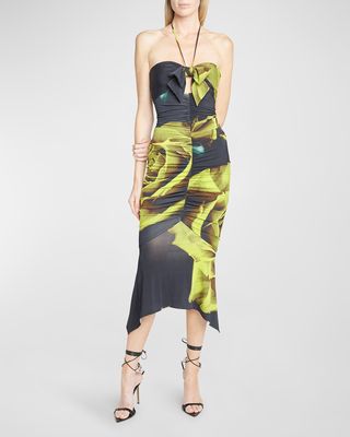 Floral-Print Bow Cutout Ruched Halter Midi Dress