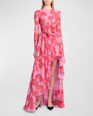 Floral-Print Bow Long-Sleeve Side-Slit Silk Gown
