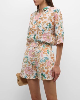 Floral-Print Button-Down Linen Shirt