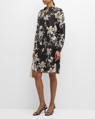 Floral-Print Chain-Embellished Linen Midi Dress