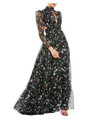 Floral-Print Chiffon Gown