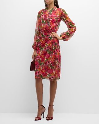 Floral-Print Chiffon Midi Wrap Dress