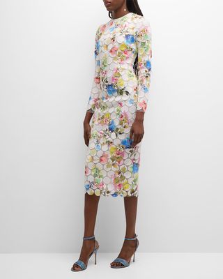 Floral-Print Circle Lace Long-Sleeve Midi Dress