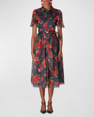 Floral Print Collared Midi Dress with Tie Belt